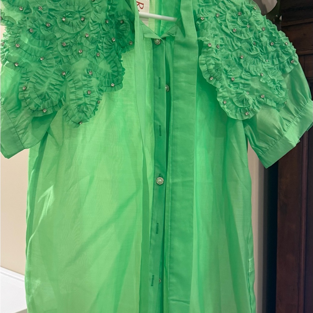 NWT by Pastel! Vibrant Green Embellished Top, Crystal rhinestone and neck tie